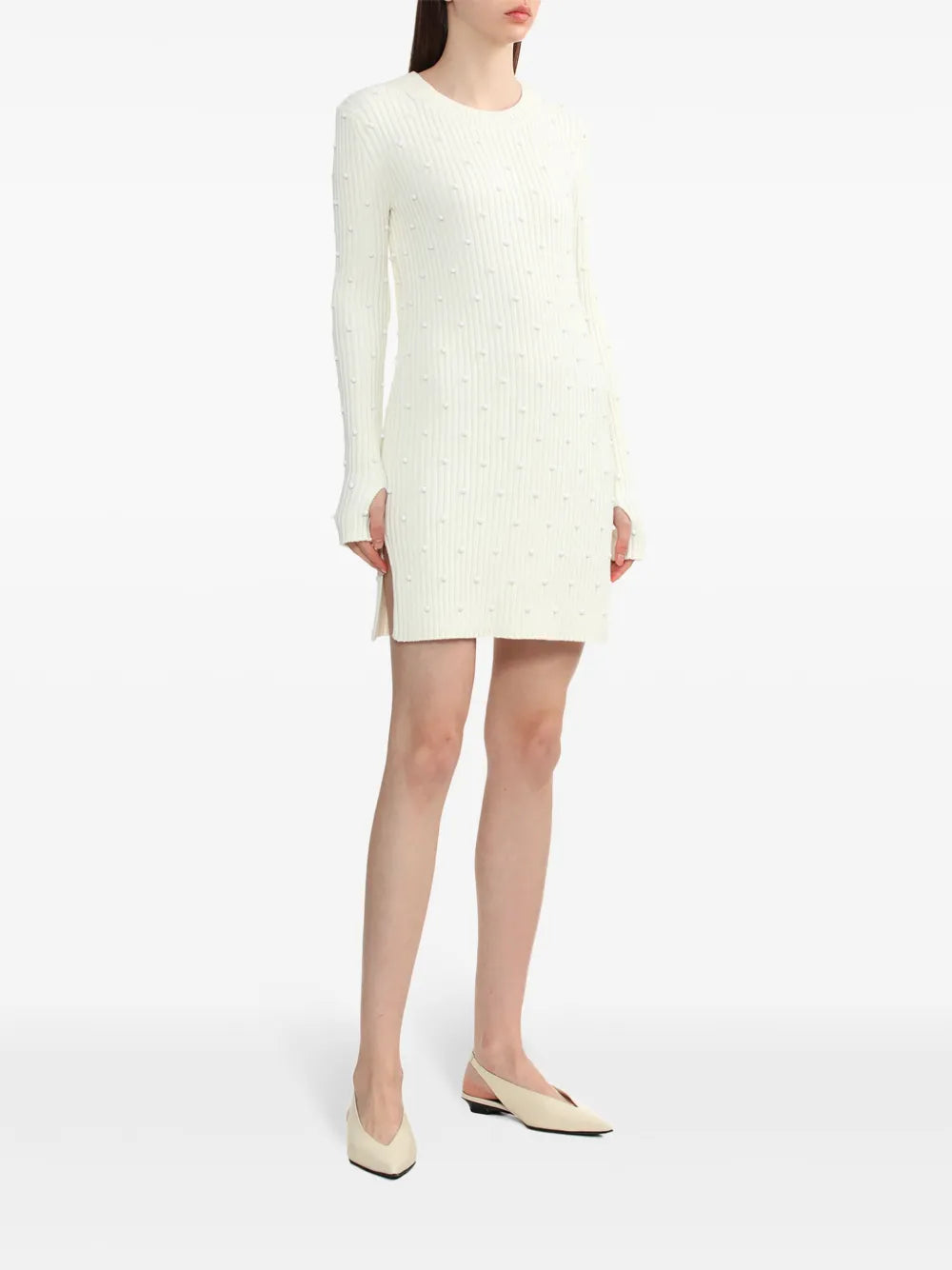 Bead-Embellished Ribbed-Knit Dress
