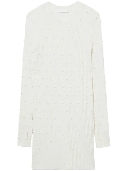 Bead-Embellished Ribbed-Knit Dress