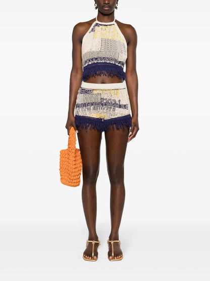 Fringed Intarsia-Knit Mini Shorts