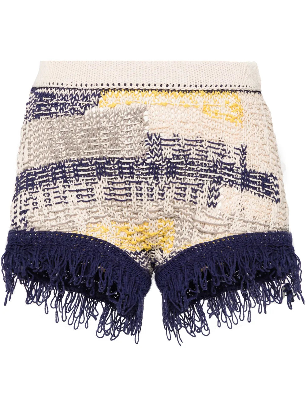 Fringed Intarsia-Knit Mini Shorts