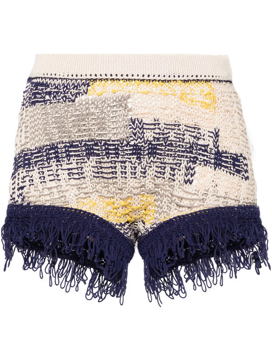 Fringed Intarsia-Knit Mini Shorts
