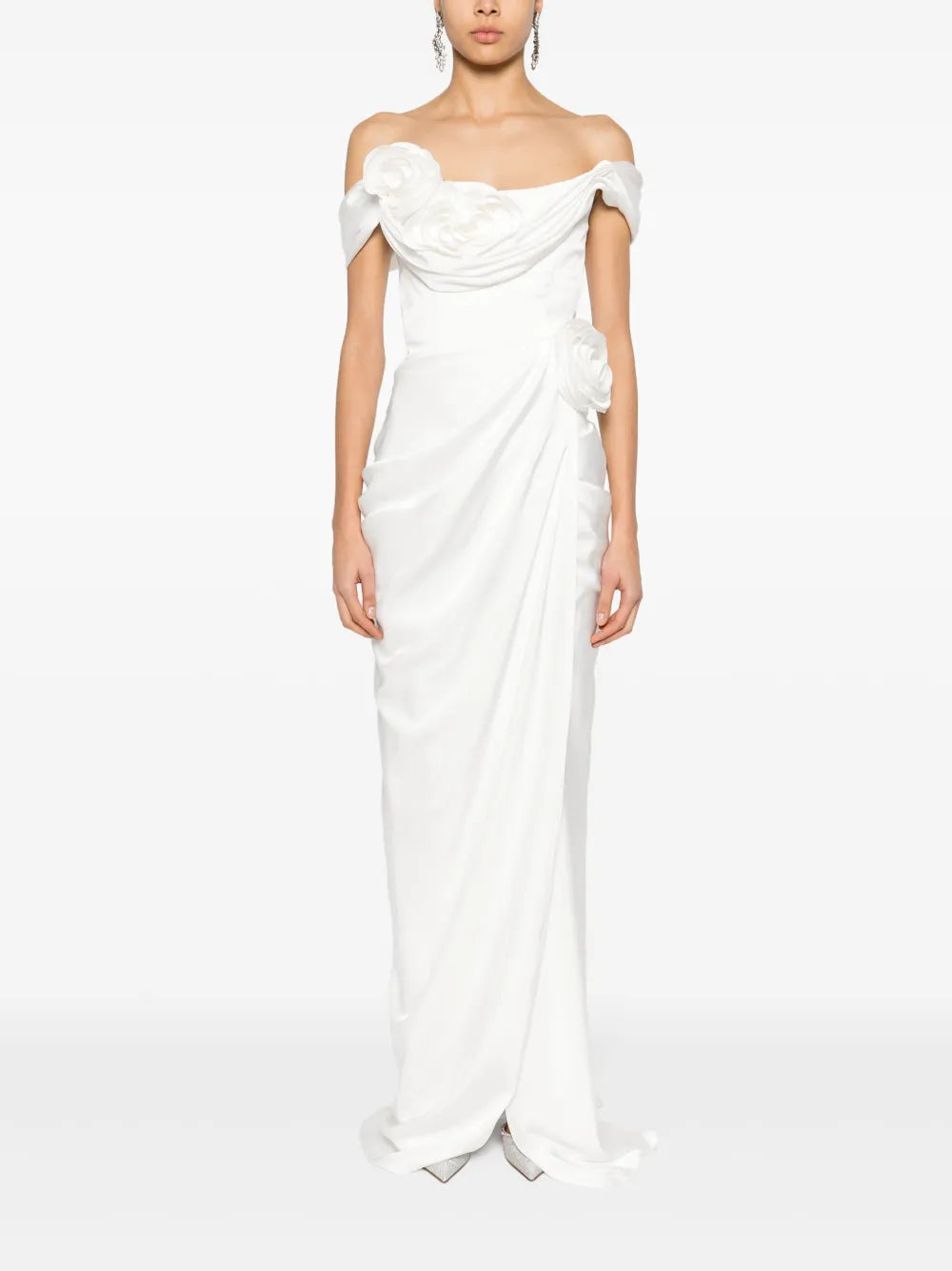 Floral-Appliqué Draped Gown