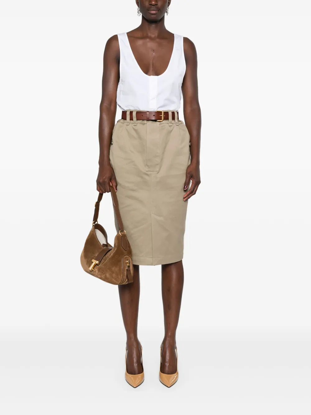 Belted Gabardine Pencil Skirt