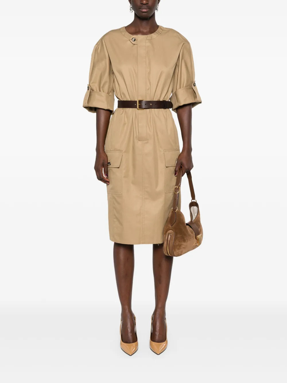 Belted Cotton Twill Midi Dress