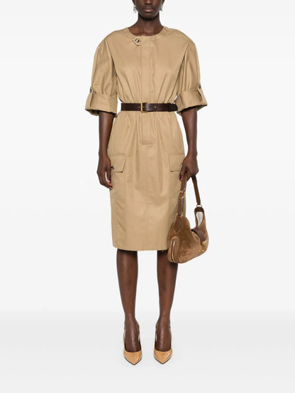 Belted Cotton Twill Midi Dress