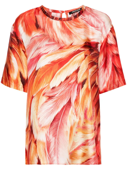 Plumage-Print Silk T-Shirt