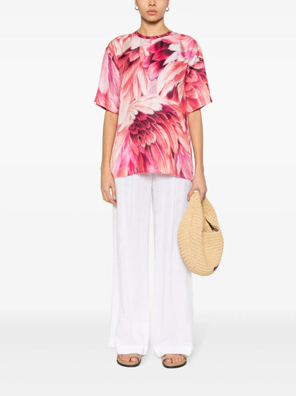 Plumage-Print Silk T-Shirt