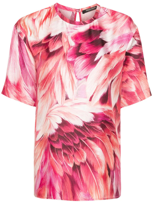 Plumage-Print Silk T-Shirt