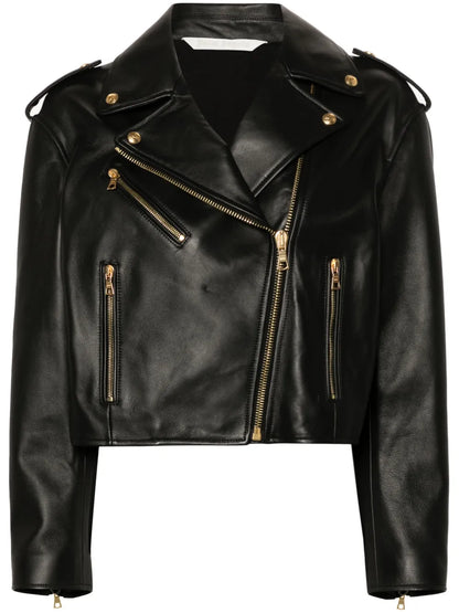Logo-Print Leather Biker Jacket