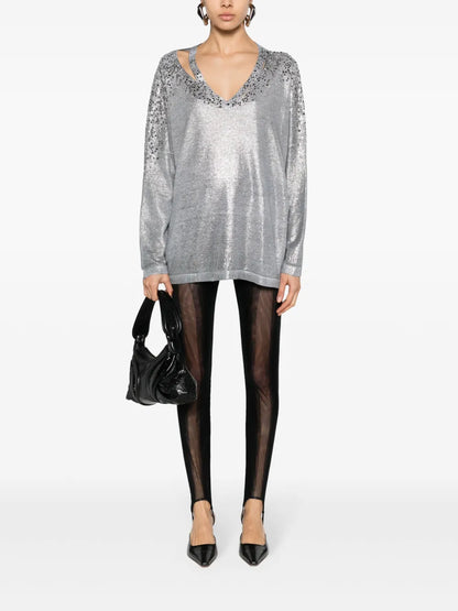 Crystal-Embellished V-Neck Jumper