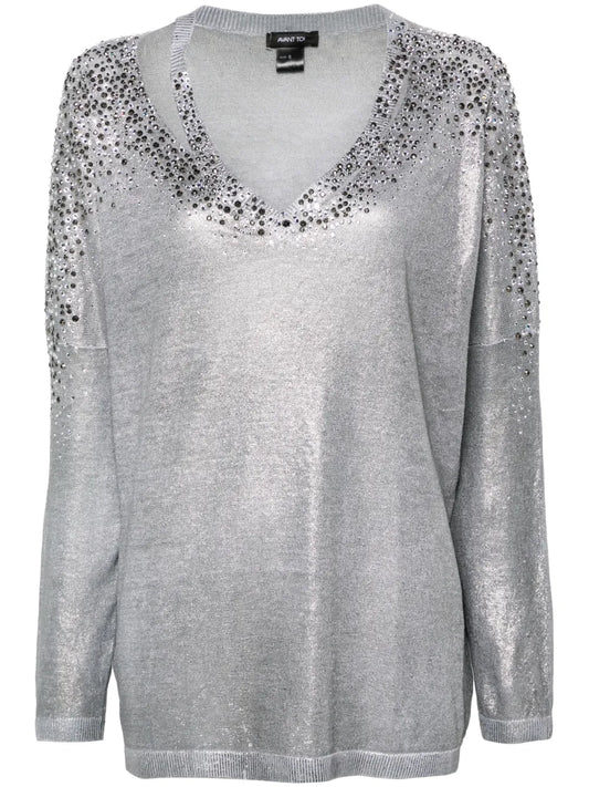 Crystal-Embellished V-Neck Jumper