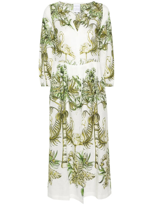 Floral And Flamingo Print Linen Dress
