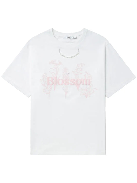 Pearl-Chain Floral-Print T-Shirt