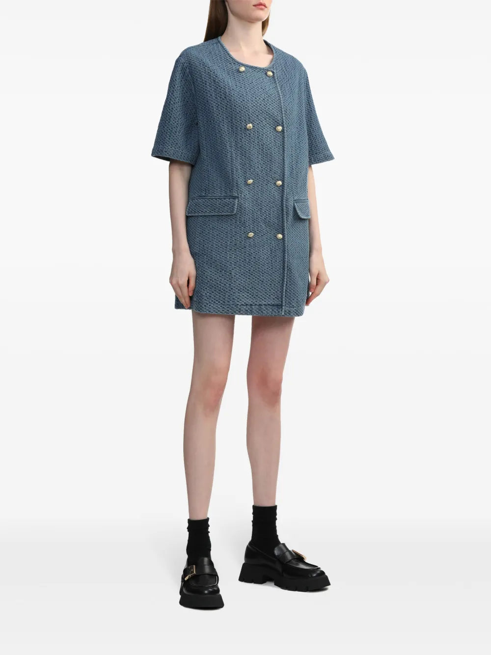 Double-Breasted Textured Denim Mini Dress