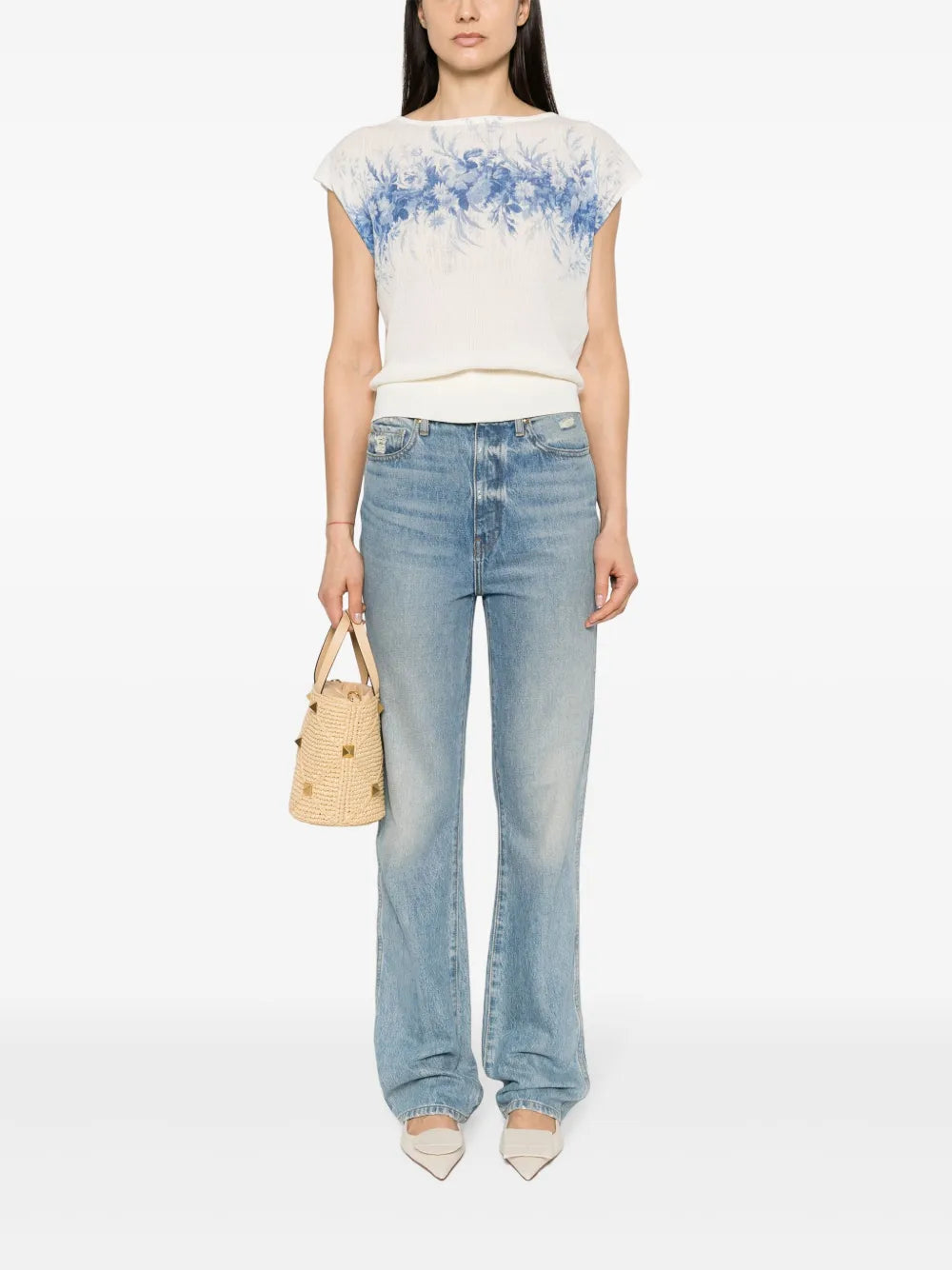 Floral-Print Ribbed Top