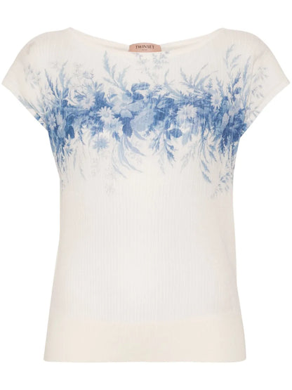 Floral-Print Ribbed Top