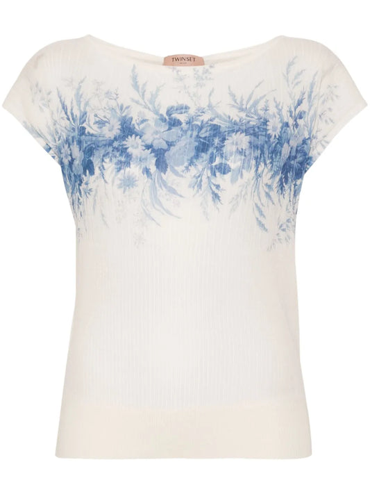 Floral-Print Ribbed Top