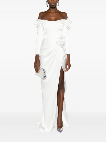 Floral-Appliqué Draped Gown