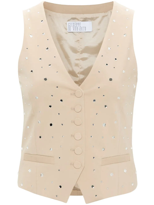 Rhinestone-Embellishment Twill Vest