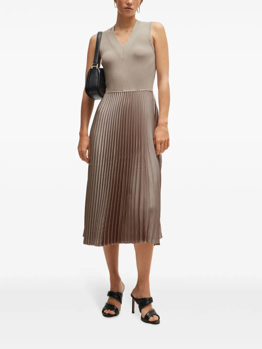 Plissé-Skirt Flared Midi Dress