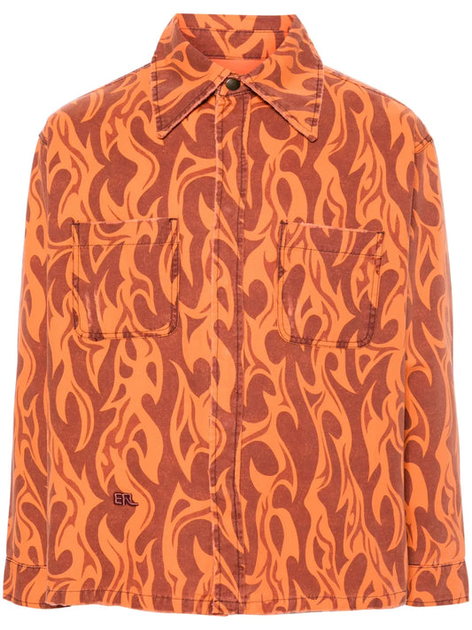 Flame-Print Canvas Shirt Jacket
