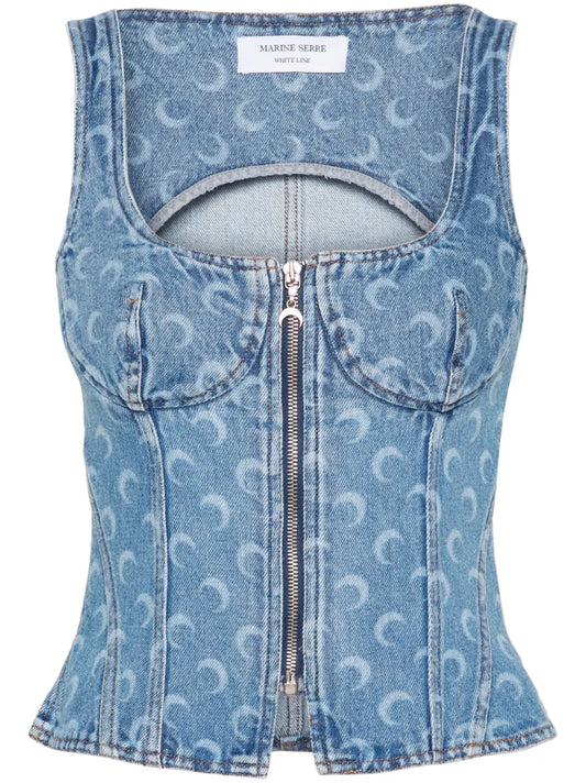 Crescent-Moon-Print Denim Top