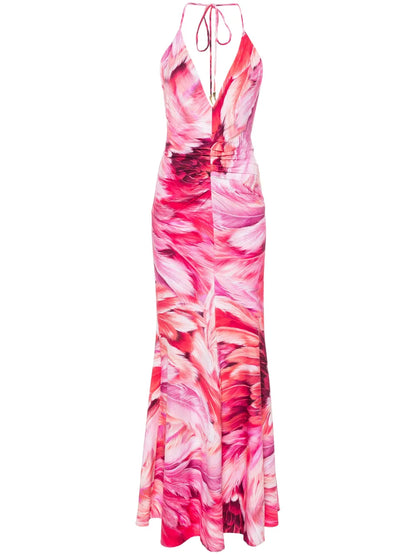 Feather-Print Halterneck Dress