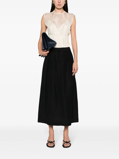 Pleat-Detail Twill Midi Skirt