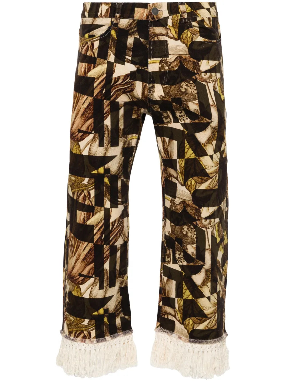 Floral-Pattern Fringed Tapered Jeans