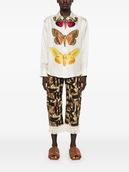 Floral-Pattern Fringed Tapered Jeans