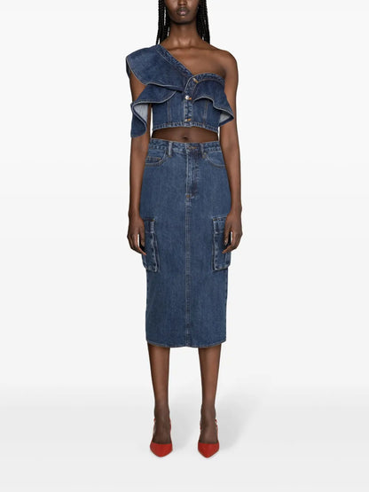 Cargo Denim Midi Skirt