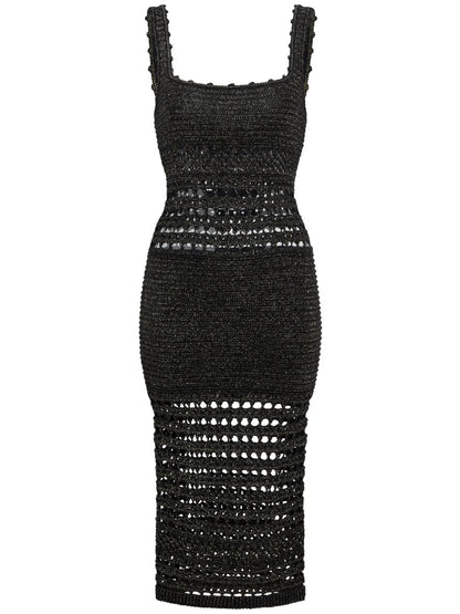 Avril Metallic-Finish Crochet Midi Dress