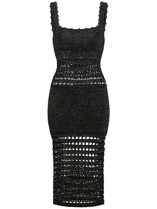 Avril Metallic-Finish Crochet Midi Dress
