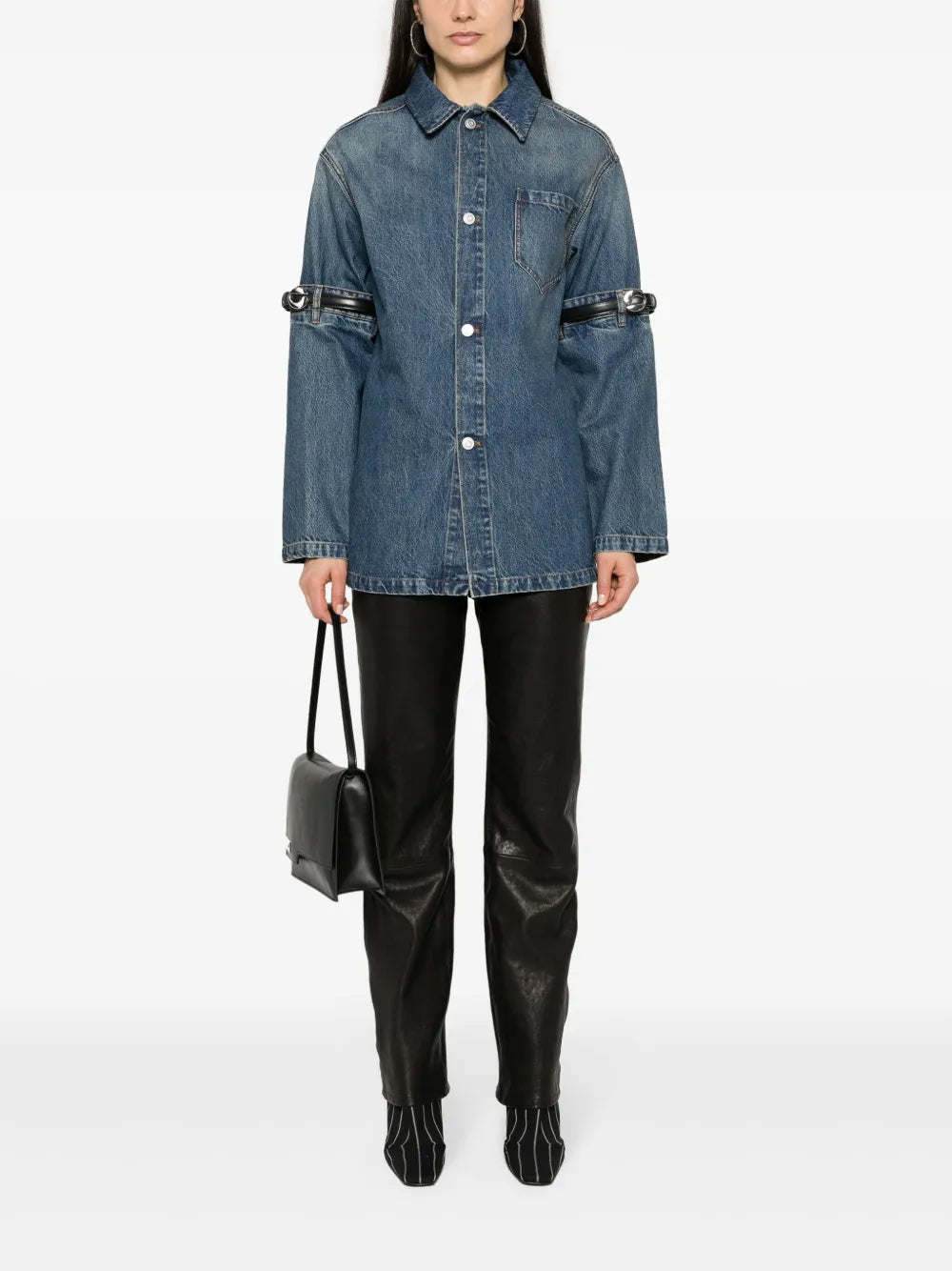 Belted-Sleeves Denim Shirt