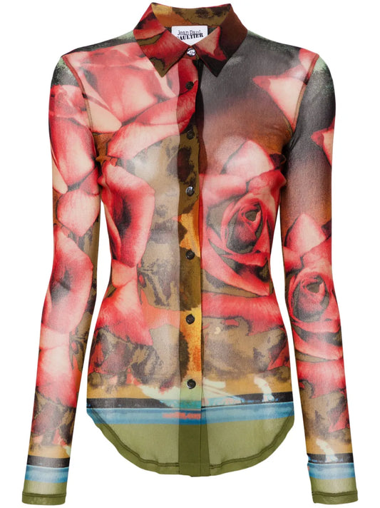 Rose-Print Mesh Shirt