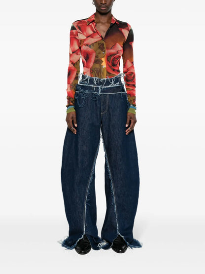 Rose-Print Mesh Shirt