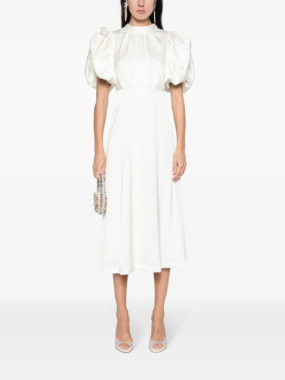 Puff-Sleeve Satin Midi Dress