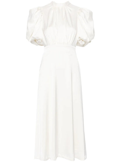 Puff-Sleeve Satin Midi Dress