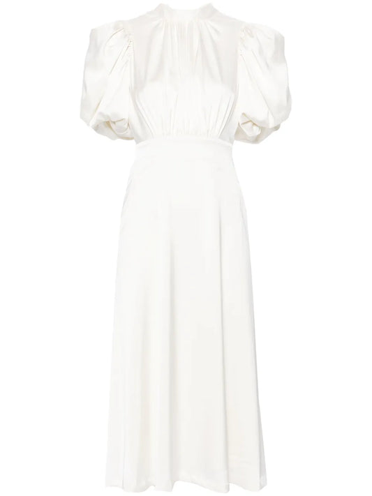 Puff-Sleeve Satin Midi Dress
