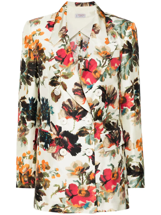 Floral-Print Silk Blazer