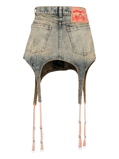 Garter-Detail Denim Mini Skirt
