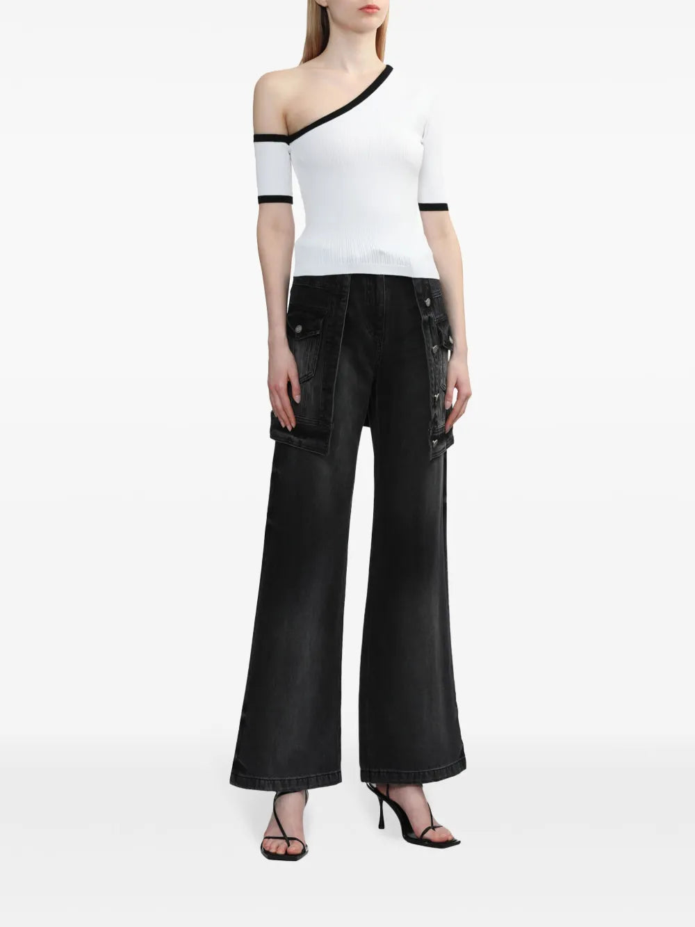 Contrasting-Trim One-Shoulder Top