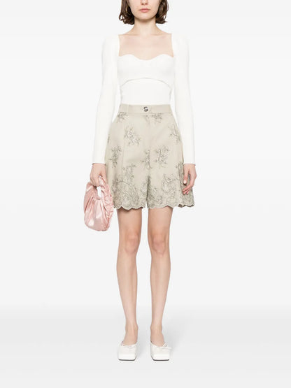 Floral-Embroidered High-Waist Shorts