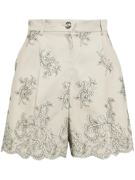 Floral-Embroidered High-Waist Shorts