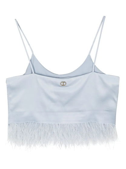 Feather-Trim Satin Crop Top