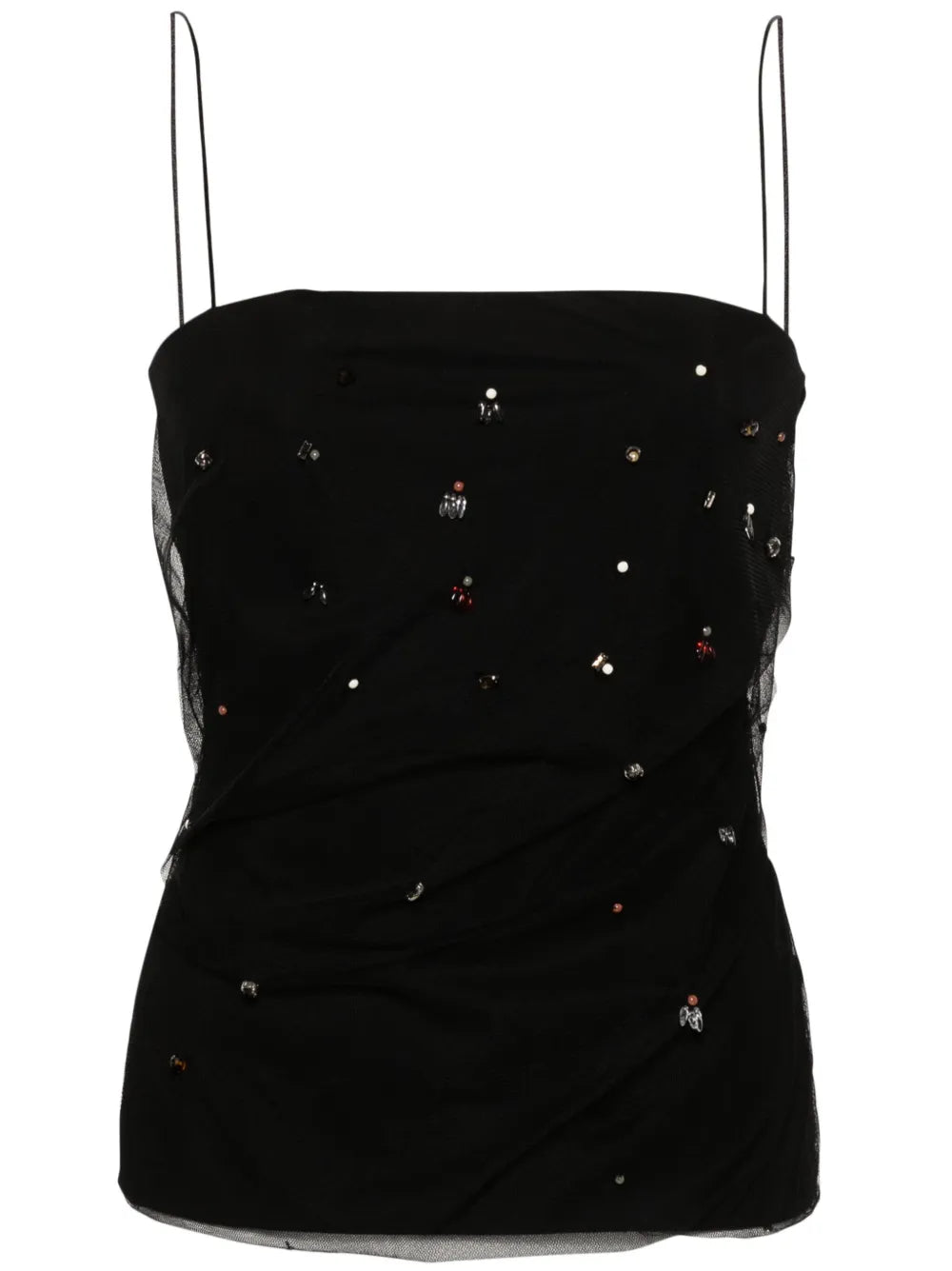 Bead-Embellished Tulle-Overlay Top