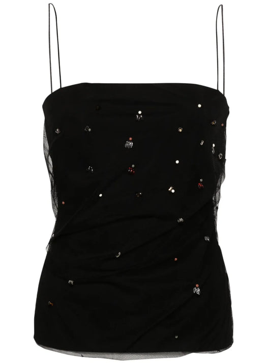 Bead-Embellished Tulle-Overlay Top