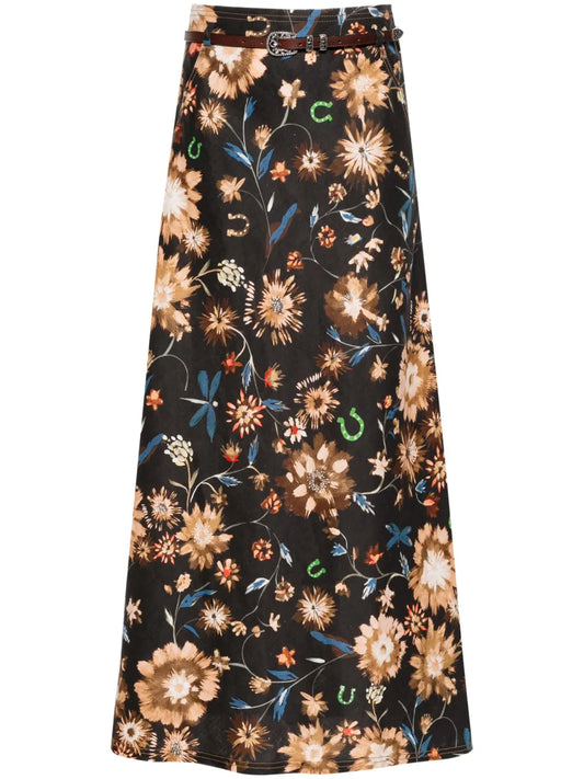 Floral-Print Linen Midi Skirt
