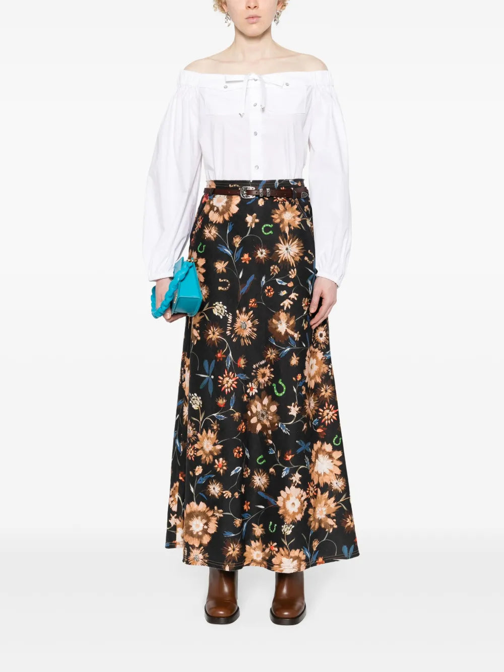Floral-Print Linen Midi Skirt