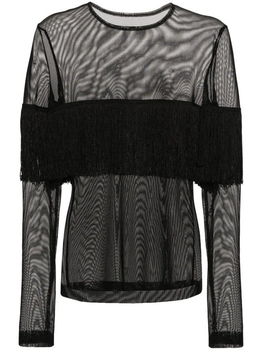 Fringe-Detail Semi-Sheer Top